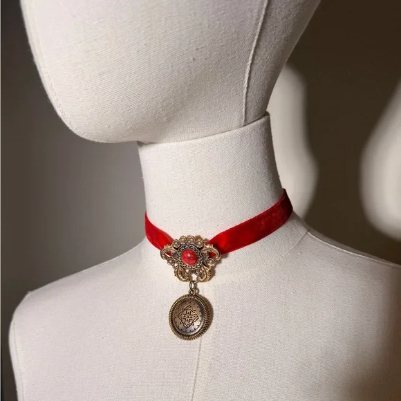 Red Velvet and Gold Choker Antique Inspired Choker Necklace